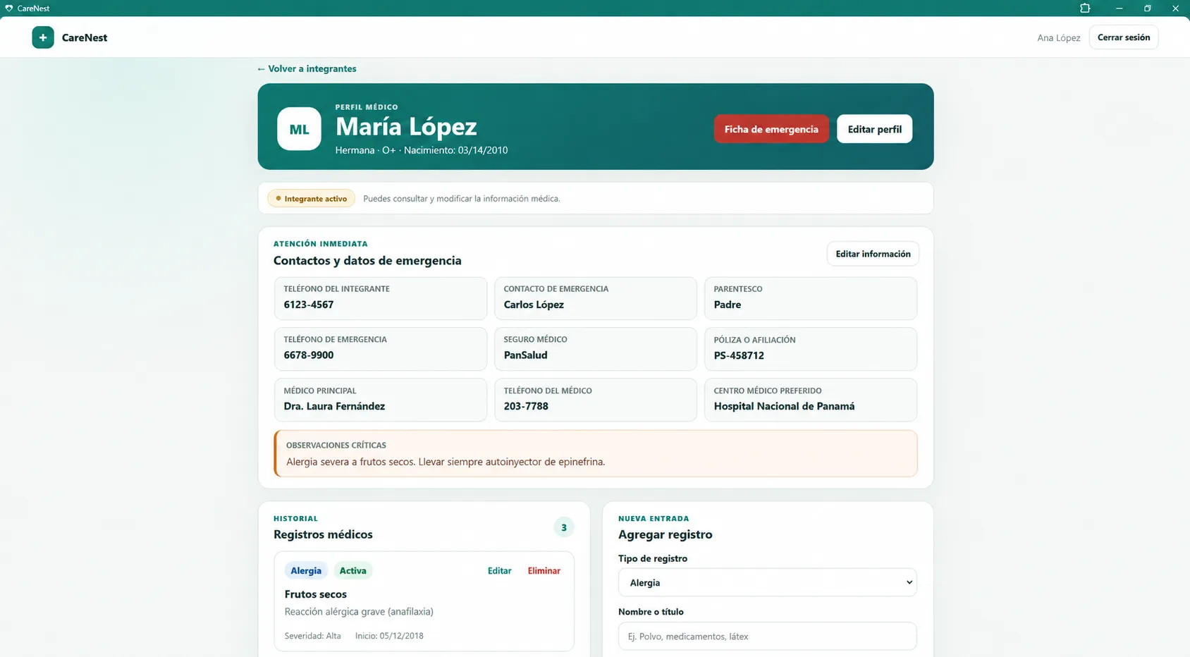 Perfil médico de demostración de CareNest: datos de emergencia y registros médicos con información ficticia.